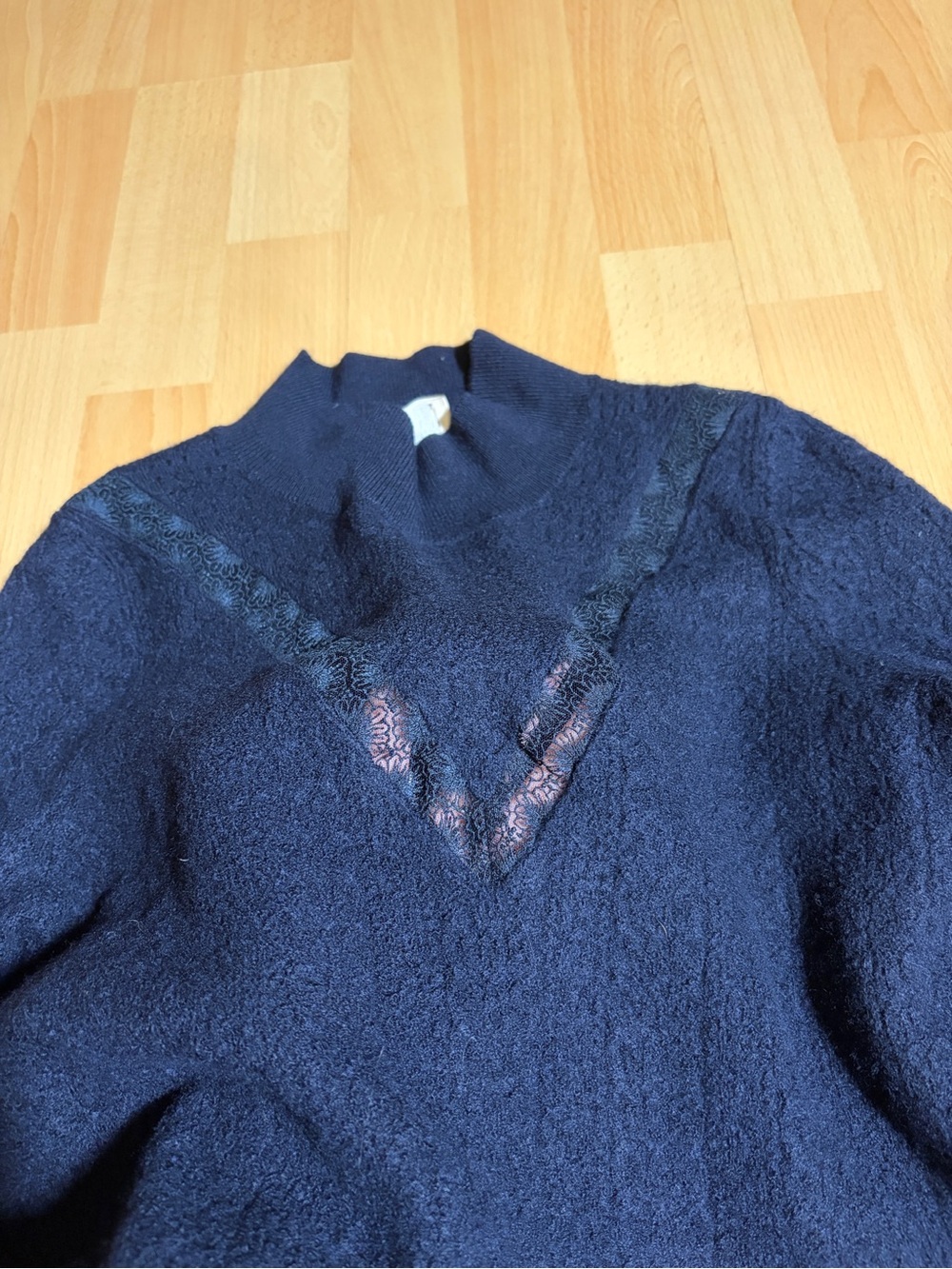 Sezane Anneli Sweater 100% Merino Wool Navy Lace-Inset Mockneck Pointelle Knit M - Picture 7 of 13